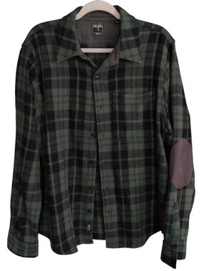 Todd Snyder Green and Black Plaid Shirt with Suede Elbow Patches